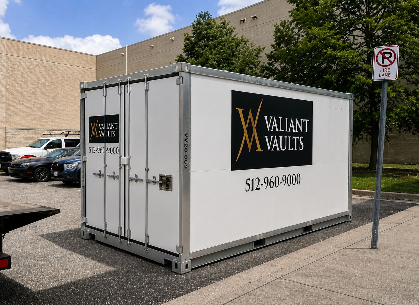 Valiant Vaults commercial storage container in a Austin-area business parking lot