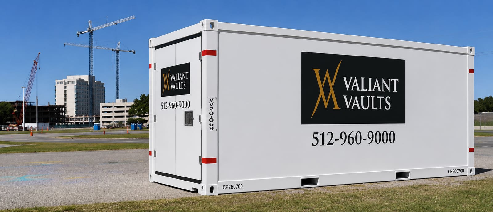 Valiant Vaults portable storage container on a Austin-area construction job site