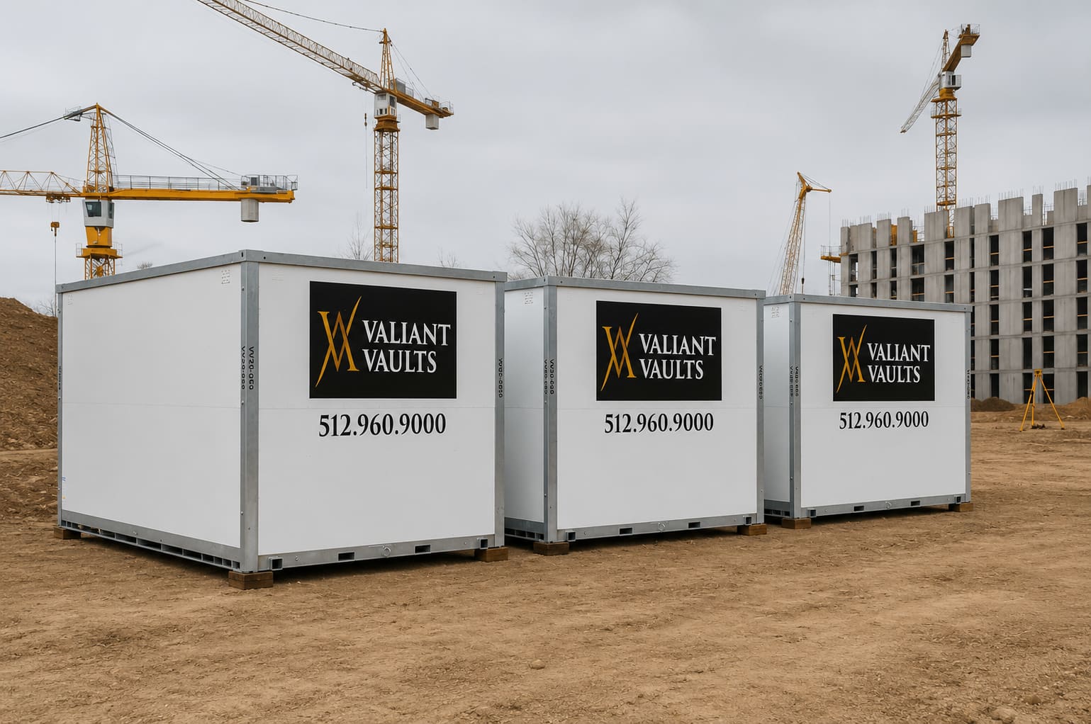 Valiant Vaults commercial storage containers staged on a Austin-area construction site