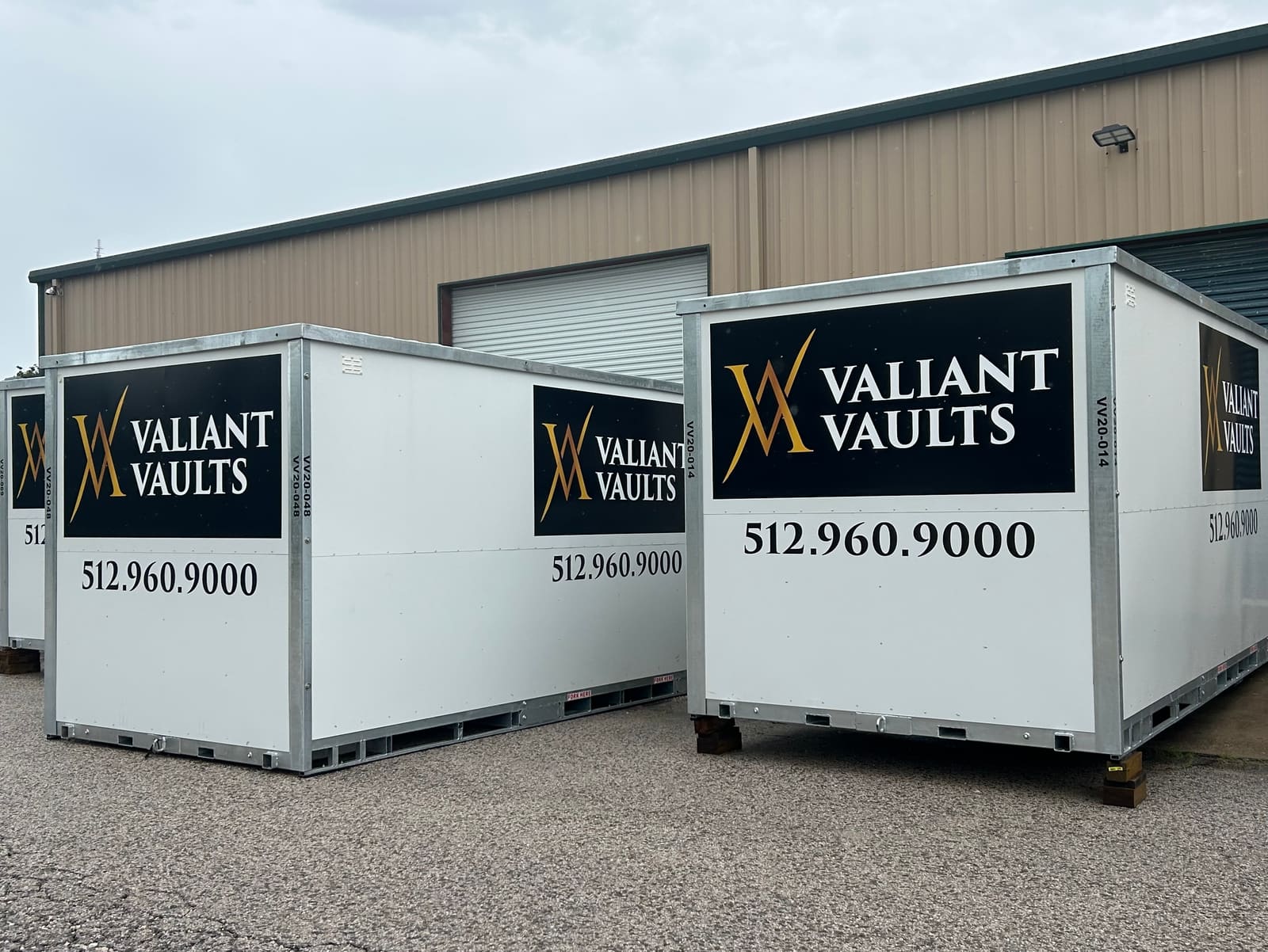 Valiant Vaults 20-foot portable storage containers staged at the company facility