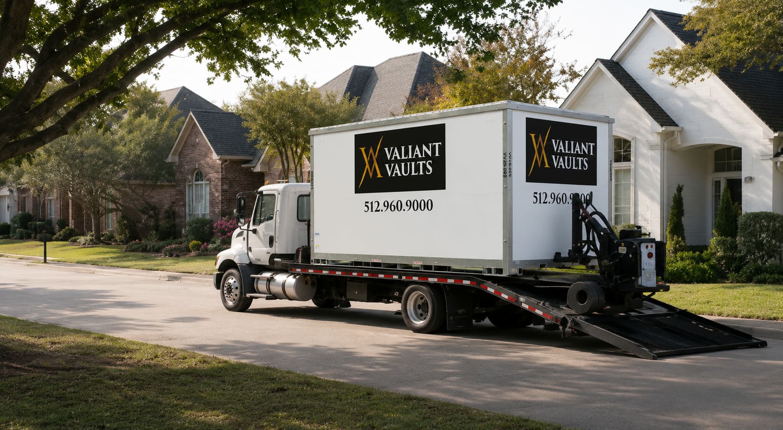 Valiant Vaults truck delivering a portable residential storage container to an Austin-area home