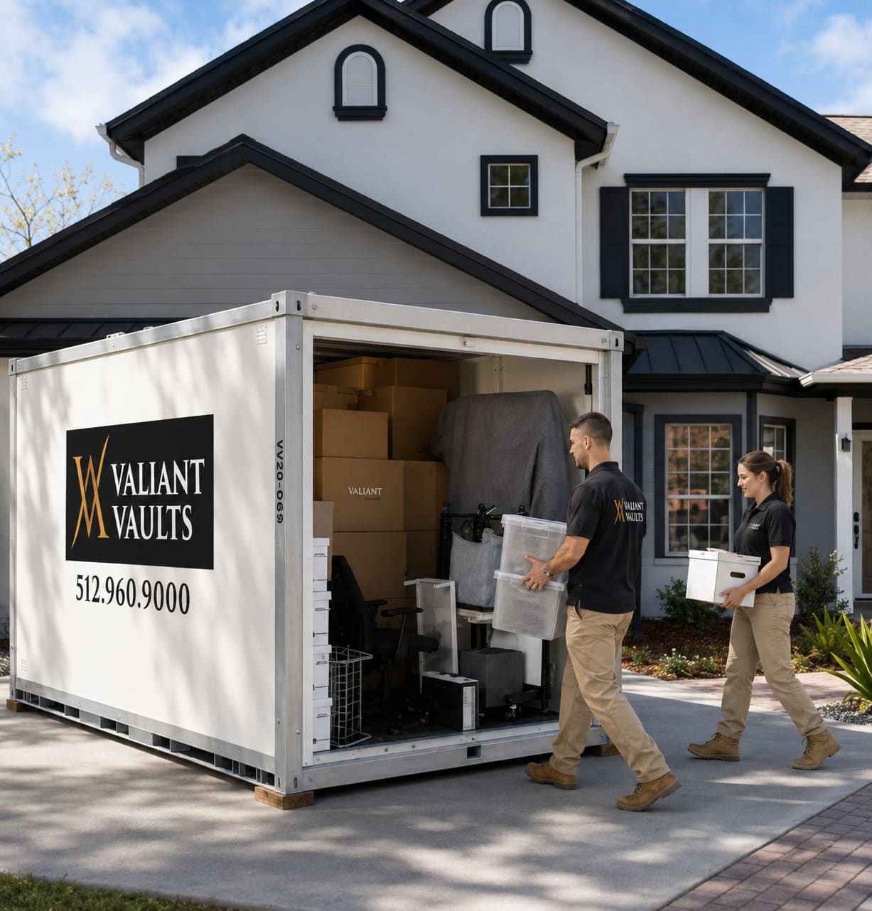 Valiant Vaults movers loading a portable moving container at a Austin-area home