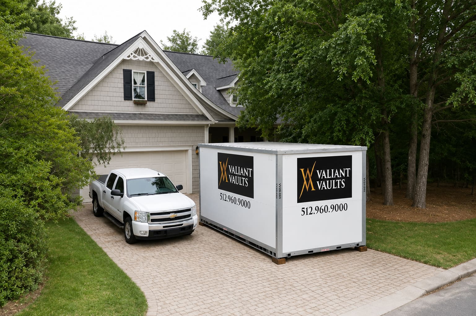 Valiant Vaults portable storage container beside a pickup truck in a residential Austin driveway