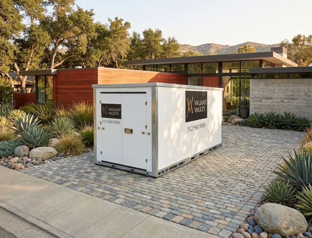 Valiant Vaults portable storage container at a modern home used for decluttering and home staging