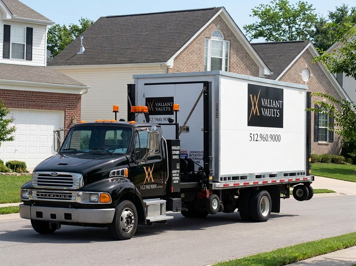 Valiant Vaults delivery truck placing a portable storage container at an Austin-area home