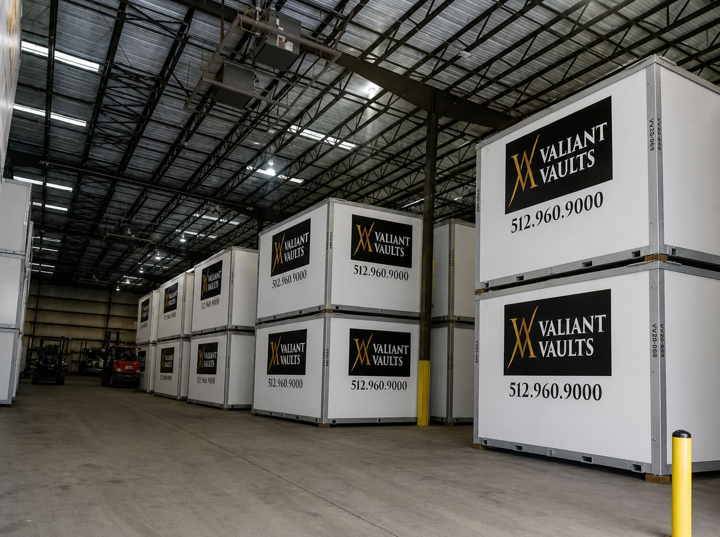 Valiant Vaults storage containers stacked inside the secure Central Texas warehouse facility